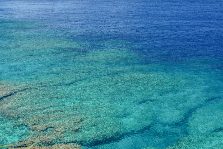 サンゴ礁が透けて見えるターコイズブルーの浅い海